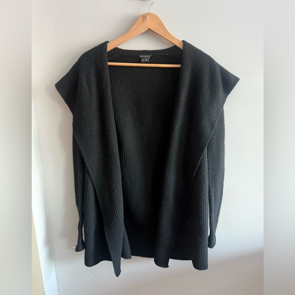 Theory 100% Wool Black Draped Collar Cardigan Sweater TP